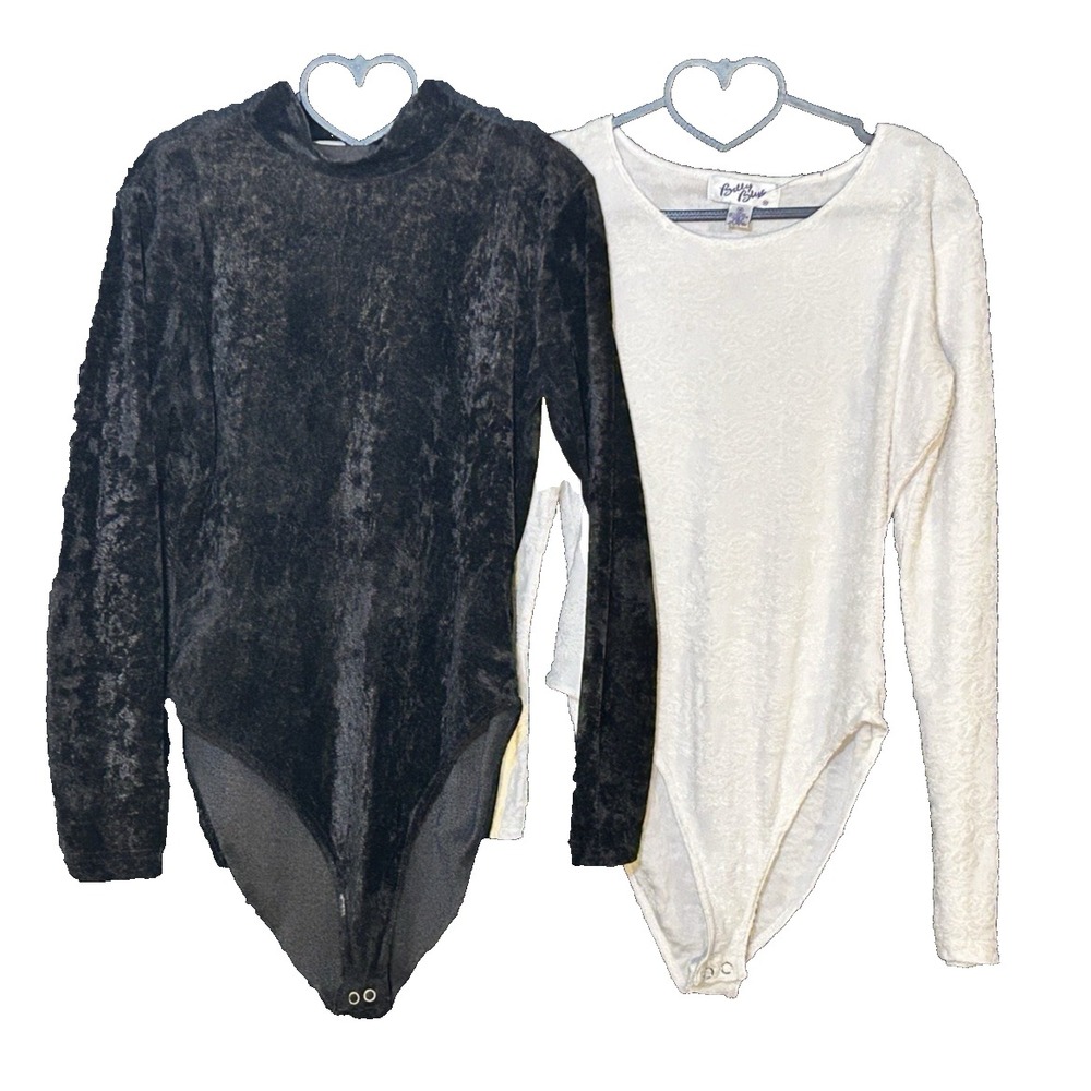 Vtg Betty Blue Bodysuits Lot of 2 Black Crush Velour Mock Neck White Burnout Med